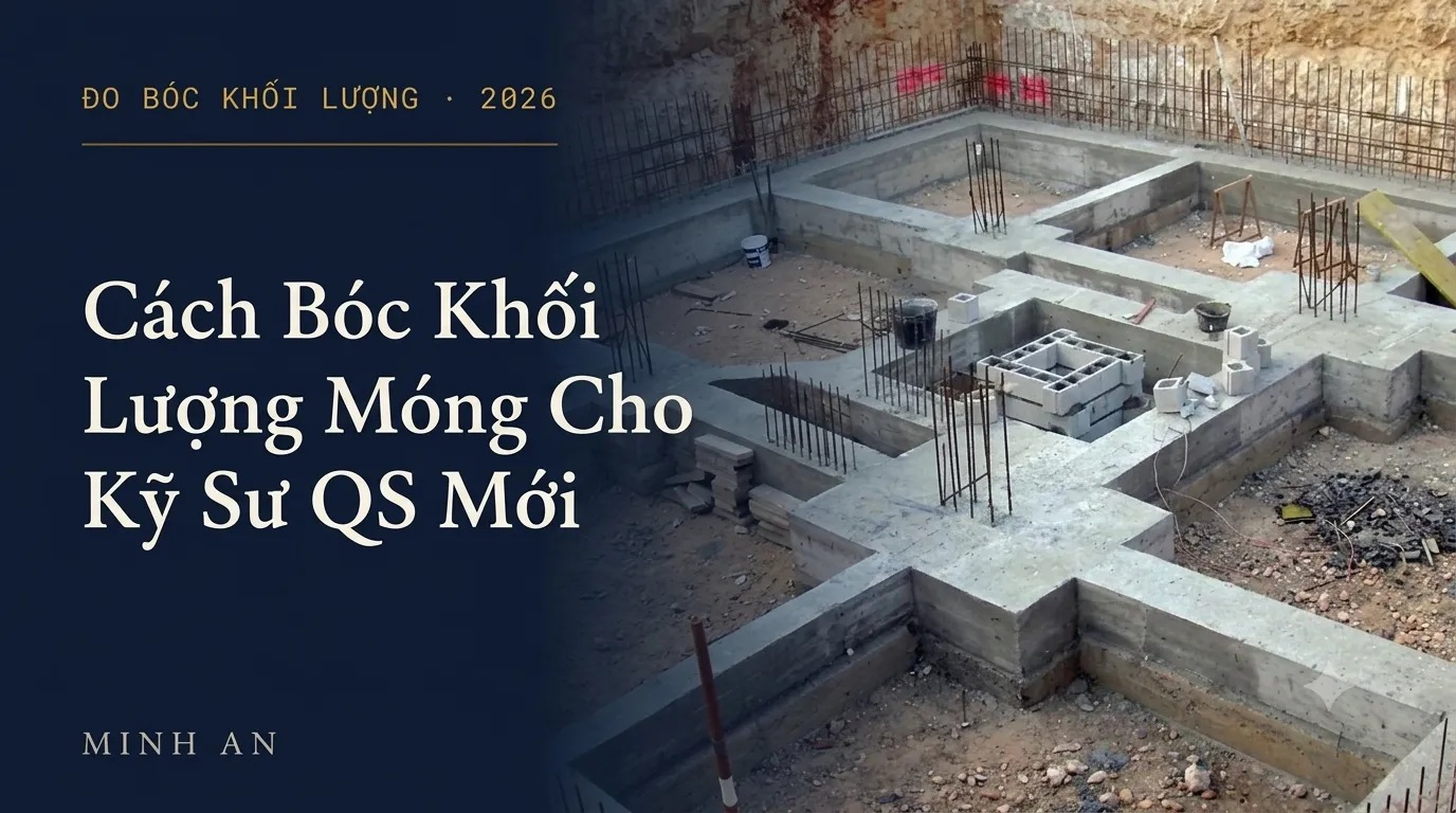 Công trường đang thi công móng bê tông cốt thép, minh họa bài hướng dẫn bóc khối lượng móng cho kỹ sư QS mới