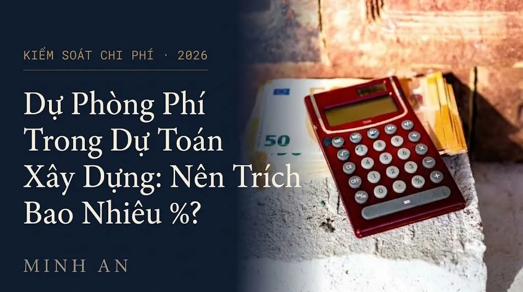 Máy tính cầm tay đặt trên khối bê tông tại công trường, minh họa bài hướng dẫn tính dự phòng phí trong dự toán xây dựng