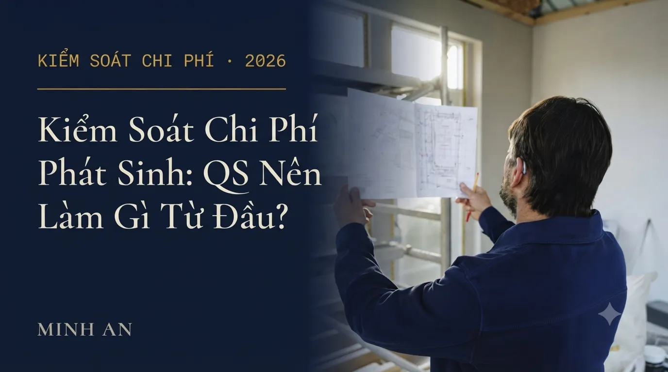 Kỹ sư QS kiểm tra bản vẽ tại công trường đang thi công