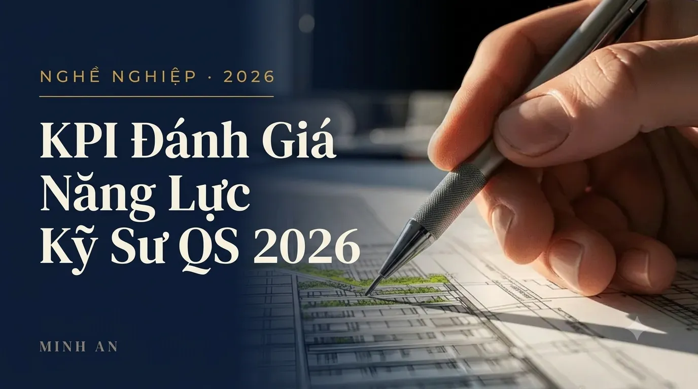 Kỹ sư QS xem bảng KPI và biểu đồ đánh giá năng lực trên máy tính tại văn phòng công trường
