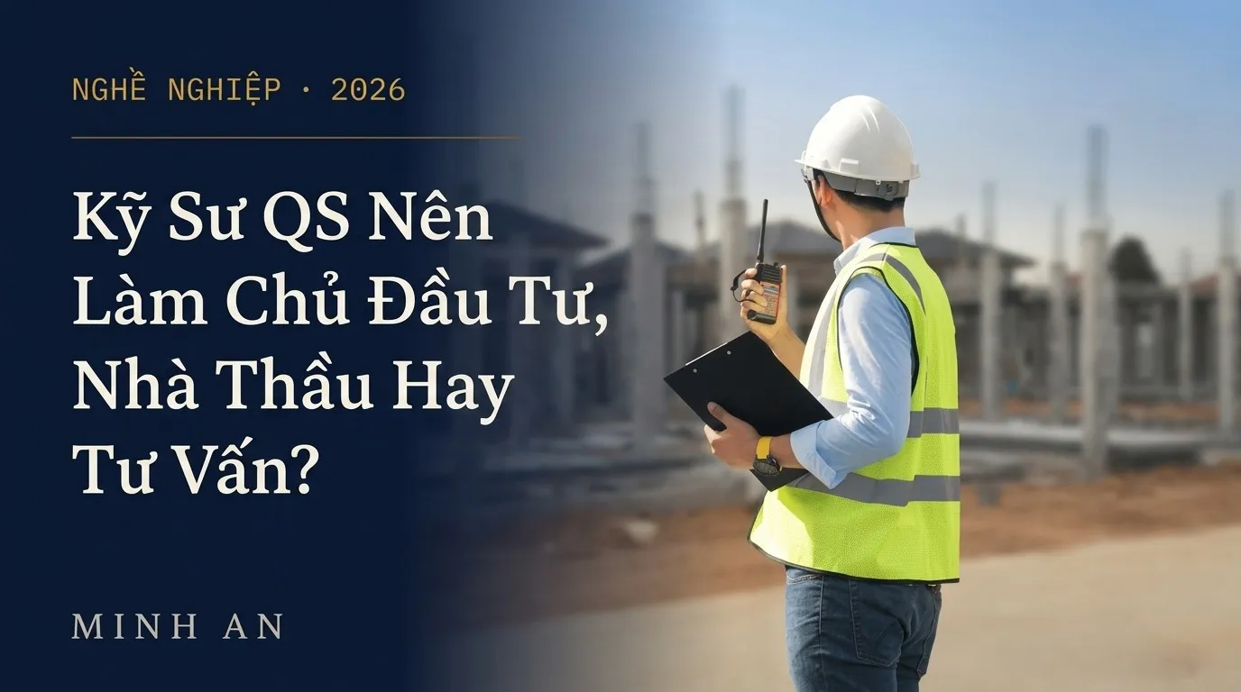 Kỹ sư QS đứng trên công trường cầm bộ đàm, minh họa lựa chọn giữa chủ đầu tư, nhà thầu và tư vấn giám sát