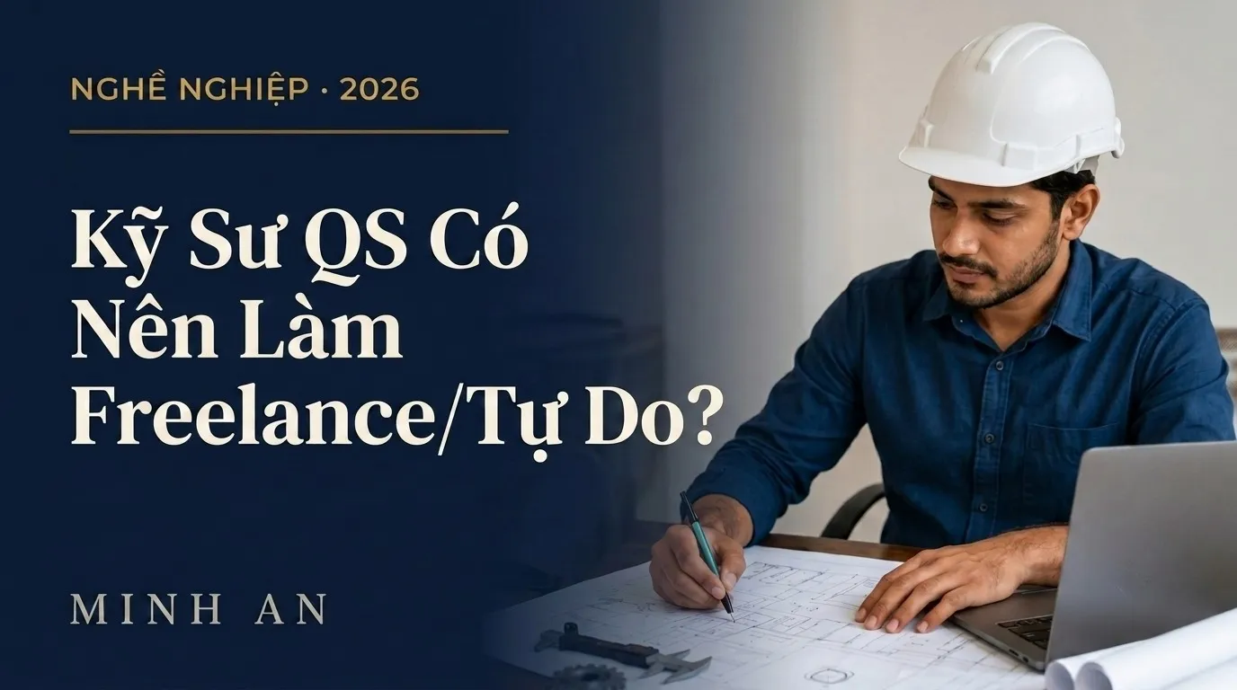 Kỹ sư QS làm việc độc lập với bản vẽ và laptop, minh họa lựa chọn làm freelance
