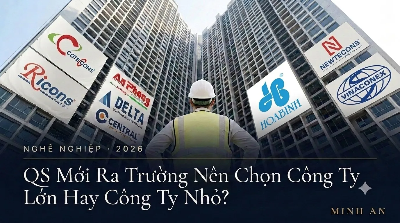 Kỹ sư QS trẻ đứng nhìn lên các toà nhà cao tầng của những công ty xây dựng lớn, minh họa lựa chọn giữa công ty lớn và công ty nhỏ