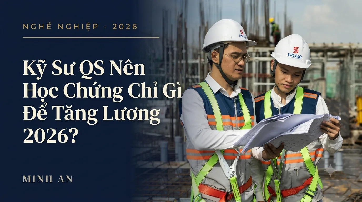Kỹ sư QS đang học chứng chỉ chuyên môn với laptop và tài liệu tại bàn làm việc