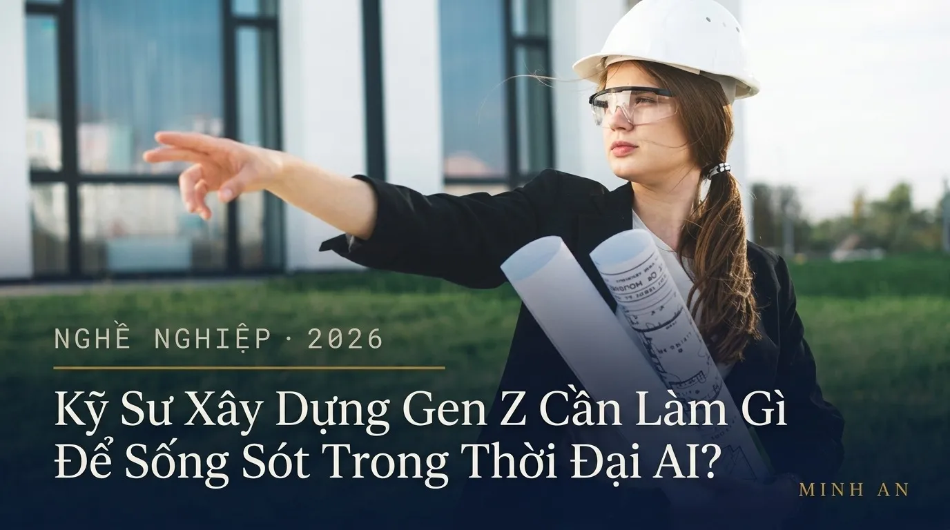 Kỹ sư xây dựng Gen Z làm việc với laptop và bản vẽ, minh họa ứng dụng AI trong ngành xây dựng