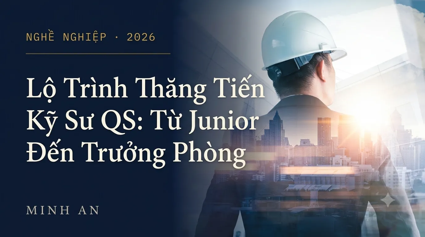 Kỹ sư QS tại công trường minh họa lộ trình thăng tiến từ Junior đến Trưởng phòng QS