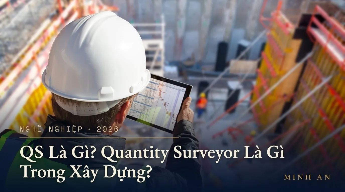 Kỹ sư QS đang đối chiếu bản vẽ thiết kế và bảng khối lượng tại công trường