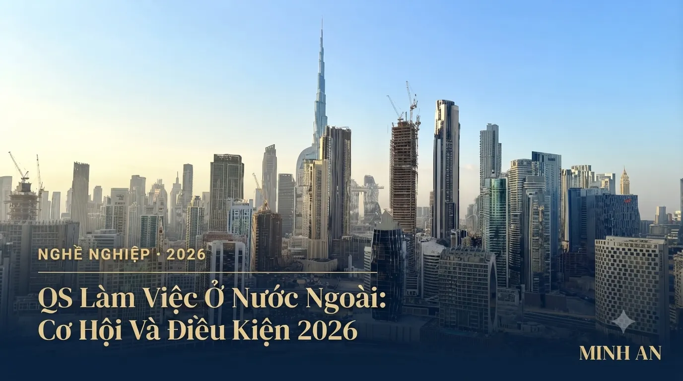 Skyline Dubai với tòa nhà Burj Khalifa và cần cẩu công trường, minh họa cho bài viết QS làm việc ở nước ngoài 2026