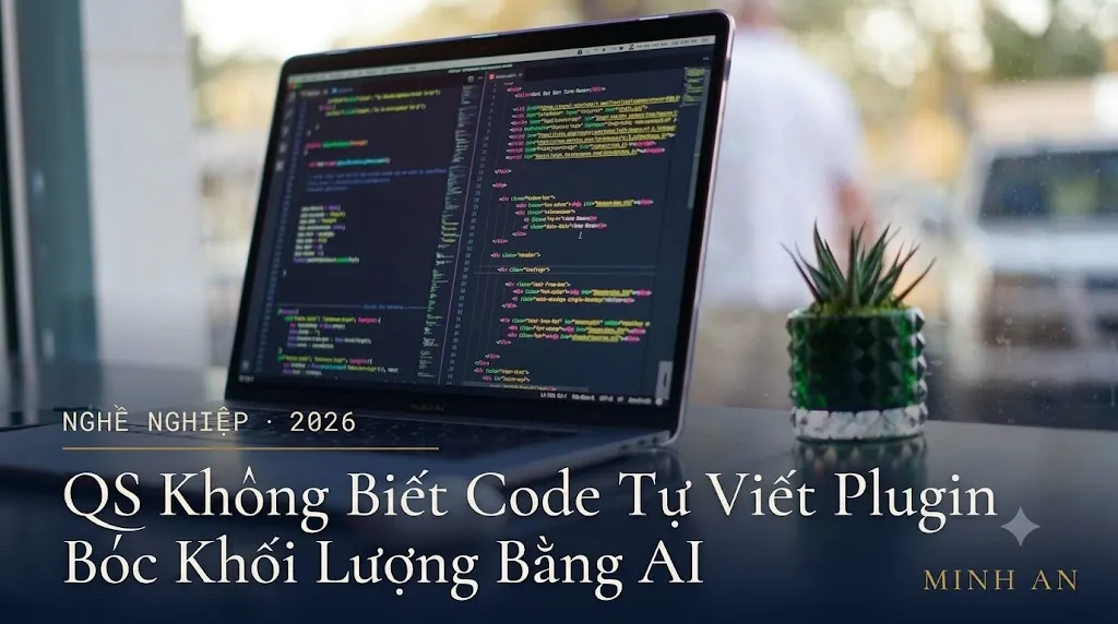 Laptop hiển thị mã nguồn trên bàn làm việc, minh họa câu chuyện kỹ sư QS tự viết plugin bằng AI