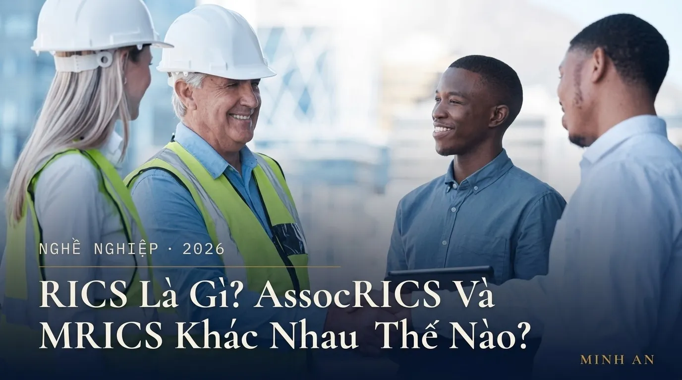 Chứng chỉ và huy hiệu RICS bên cạnh bản vẽ và tài liệu kỹ thuật xây dựng