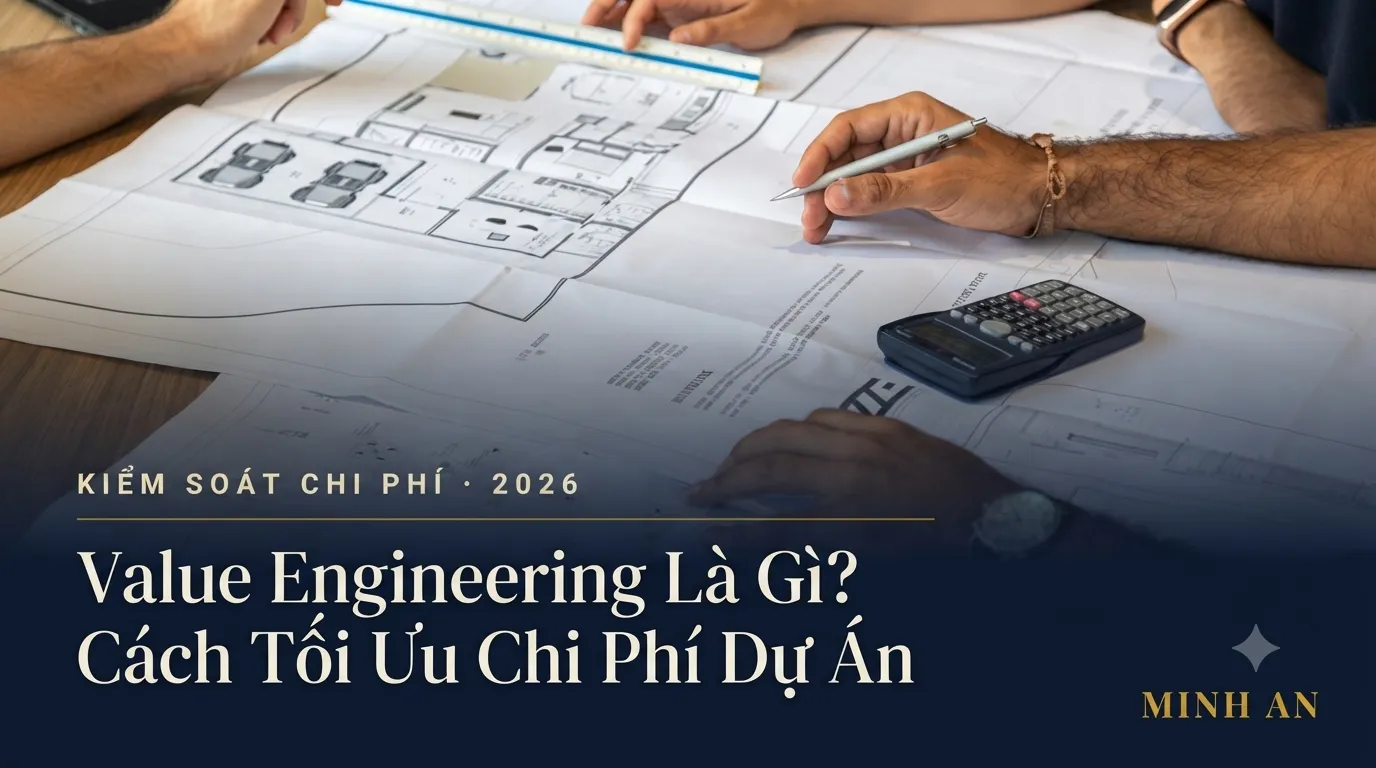 Hai người đối chiếu bản vẽ thiết kế và tính toán chi phí trên bàn làm việc