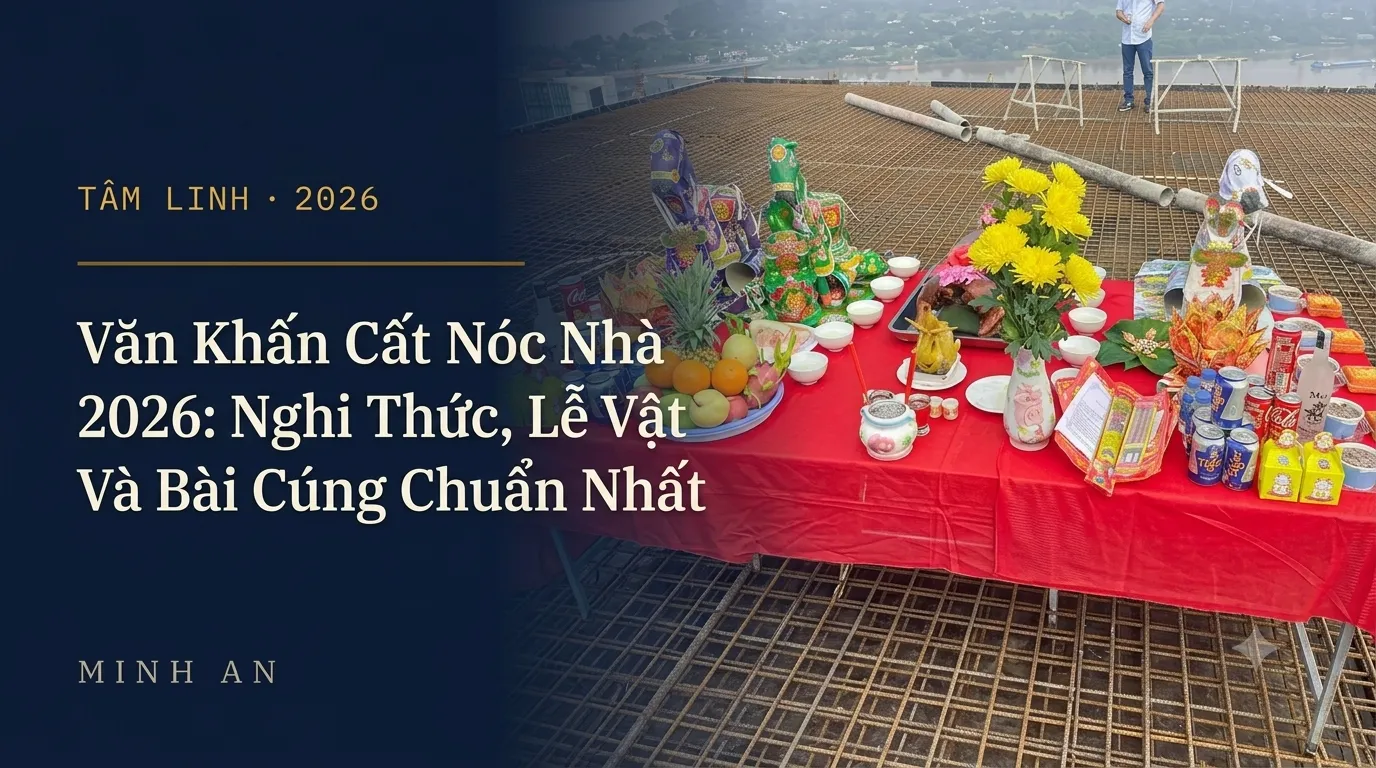 Mâm lễ cất nóc trên sàn mái công trình đang thi công, chuẩn bị đổ bê tông